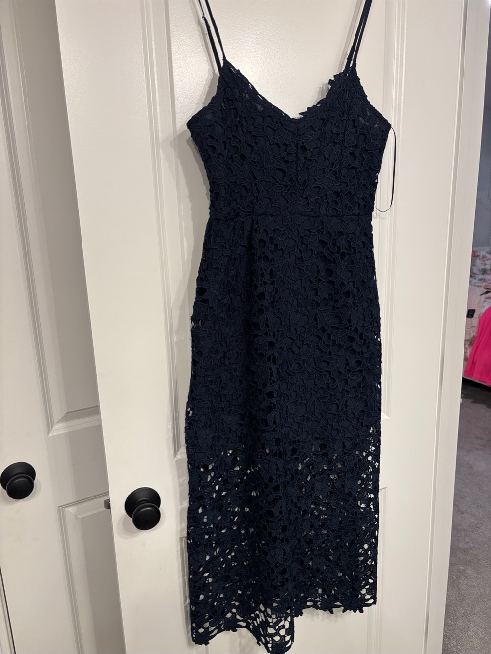Navy Floral Lace Midi Dress with Spaghetti Straps